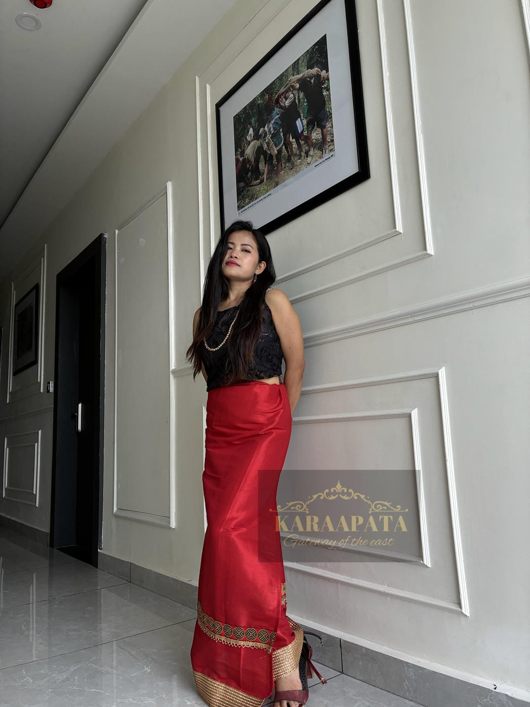 Red silk with golden embellished border gale