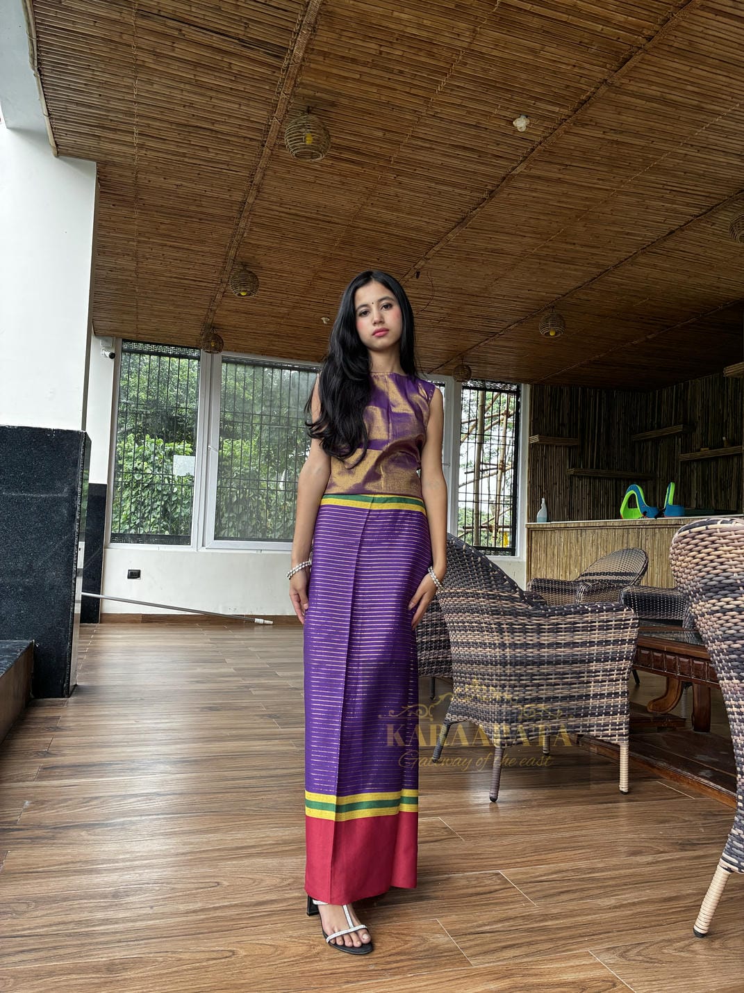 Purple silk with multi-colored stripes gale